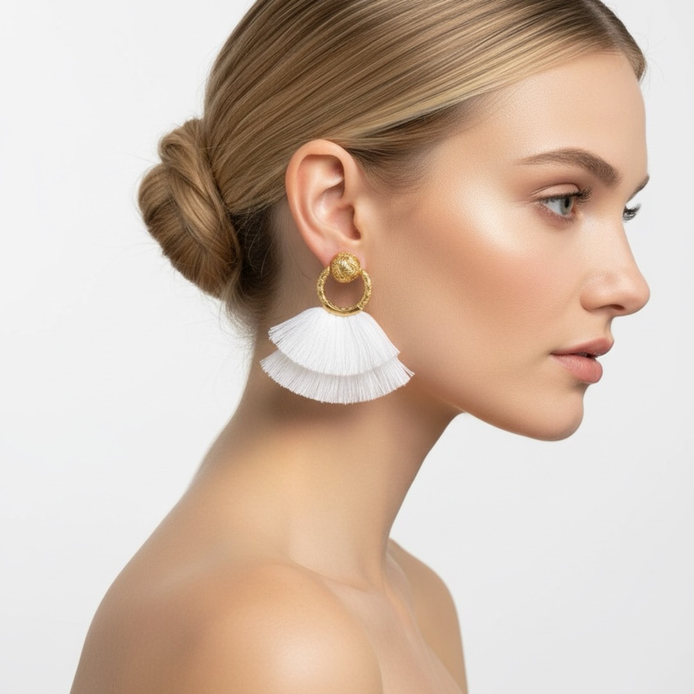 Gold Hoop White Tassel Fan Earrings